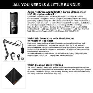 Audio-Technica AT2020USB-X Cardioid Condenser USB Microphone (Black) | for Streaming, Podcasting, Gaming & Video Recording with Waith Mic Boom Arm and Waith Cleaning Cloth Essential Bundle Set