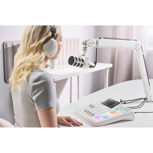 Rode PodMic Cardioid Dynamic Broadcast Microphone (White, Pair) with 2X DS2 Desktop Stand, 2X Monitoring Headphones and 2X XLR Cables