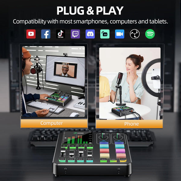 Podcast Equipment Bundle, PUPGSIS Audio Mixer with XLR Dynamic Microphone, Pro-preamp, Bluetooth 5.3, All-in-One Gaming Equipment Set for Podcast Recording, Live Streaming, Video Vocals, PC, Phone, DJ