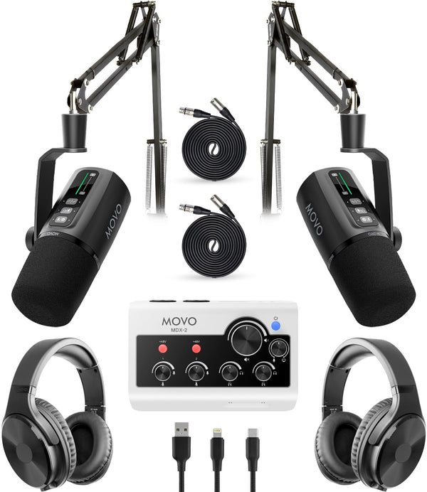 Movo Pro Portable Podcast Equipment Bundle for iPhone/Android Phones- Podcast Kit with Audio Interface, 2 UM6 Dynamic Mics, 2 Headphones, 2 Boom Arms - For Smartphones, Computers, PC, Mac