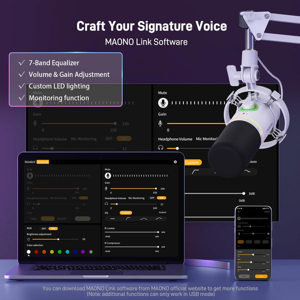 MAONO XLR/USB Dynamic Microphone Kit, RGB Podcast Mic with Software, Mute, Gain Knob, Volume Control, Boom Arm for Streaming, Gaming, Voice-Over, Recording-PD200XS White
