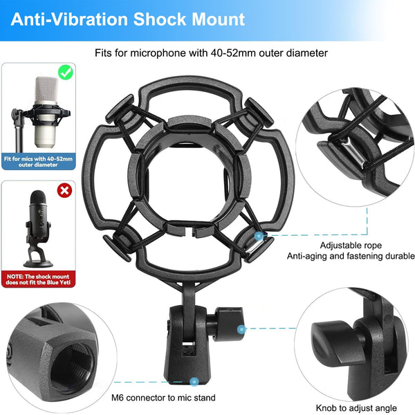 Mic Stand Desk, Table Mic Tripod Desktop Mic Stand Height Adjustable Small Microphone Stand for Desk with Pop Filter Shock Mount Mic Clip 1/4" to 5/8" Adapter for Blue Yeti Snowball