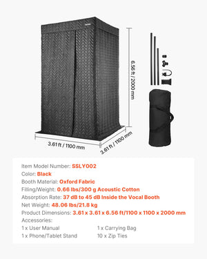 VEVOR Portable Vocal Booth, 6.56 ft Height, Pro-Grade Recording Studio with Travel Bag, Mobile Tablet Stand, Thickened Soundproofing, Sound Isolation Booth for Echo-Free Vocals, Podcasts, Voiceovers