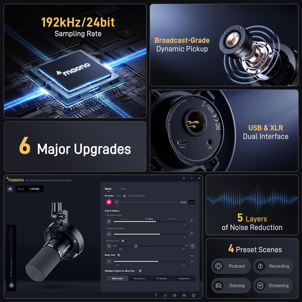 MAONO Dynamic Microphone-XLR USB Podcast Recording Mic: for Vocal Recording, Content Creation, Home Studio, Voiceover, with 192kHz/24bit, Noise Reduction, Mic Gain, Monitoring, Mute (PD300X)