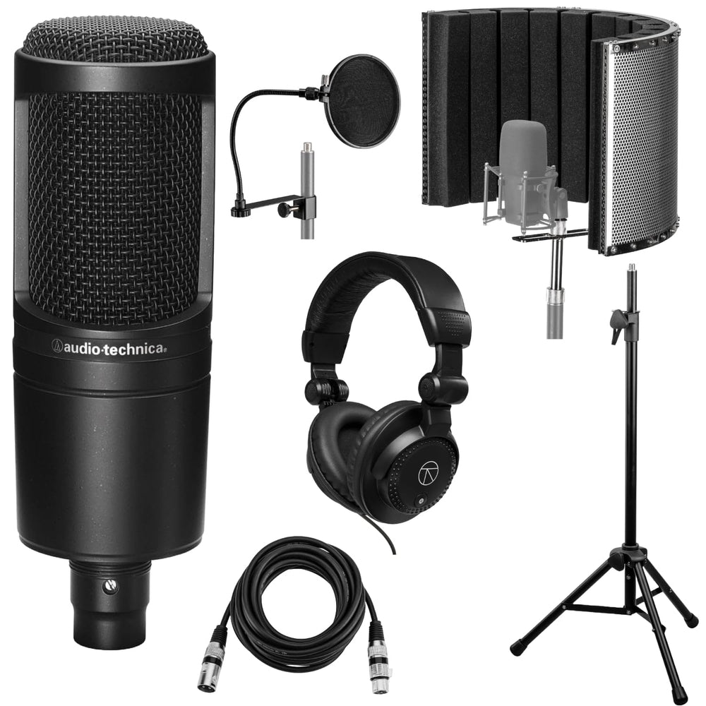 Audio-Technica AT2020 Cardioid Condenser Microphone Bundled with, Reflection Filter, Tripod Mic Stand, Pop Filter, 10' XLR Cable, Studio Headphones, Complete Vocal Recording Setup Kit (6 Items)