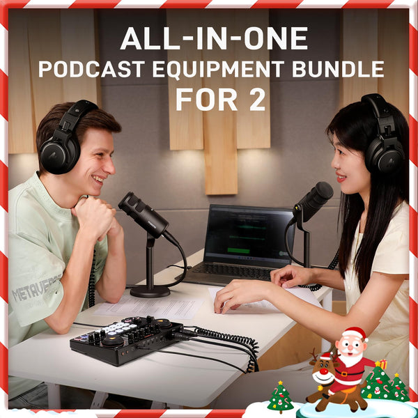 MAONO Podcast Equipment Bundle for 2: Audio Interface Mixer with 2 XLR Condenser Mic and 2 Headphone Podcast Streaming MaonoCaster E2 Gen2+2*PM320T+2*MH700