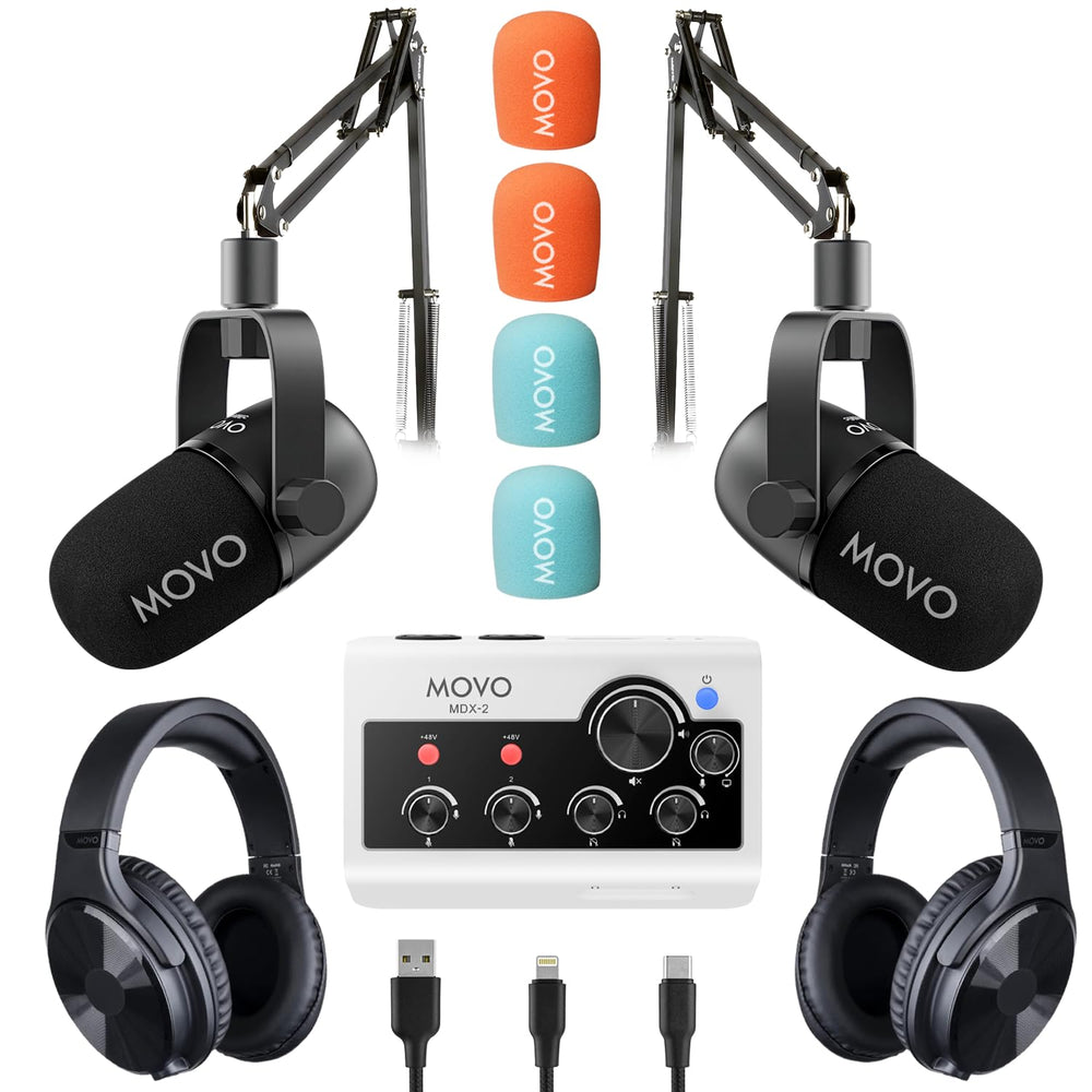 Movo Portable Podcast Equipment Bundle for iPhone/Android Phones- Podcast Kit with Audio Interface, 2 CastMic Dynamic Mics, 2 Headphones, 2 Boom Arms - for Smartphones, Computers, PC and Mac