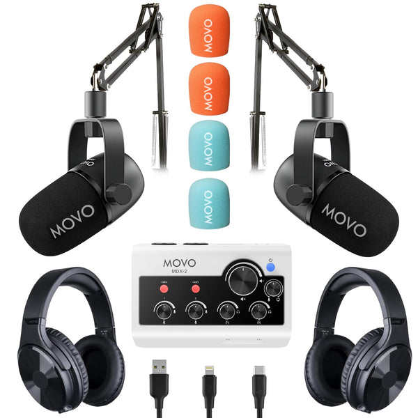 Movo Portable Podcast Equipment Bundle for iPhone/Android Phones- Podcast Kit with Audio Interface, 2 CastMic Dynamic Mics, 2 Headphones, 2 Boom Arms - for Smartphones, Computers, PC and Mac