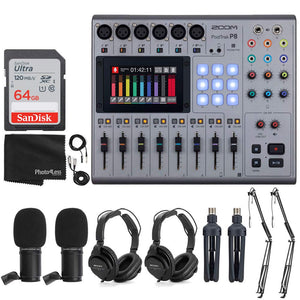 Zoom PodTrak P8 Multitrack Podcast Recorder + 2X Zoom ZDM-1 Podcast Mic + 2X Headphones + 2X Windscreens + 2X Tabletop Stands + 64GB Memory Card + 2X Boom Arms + Cables - Ultimate Podcasting Bundle