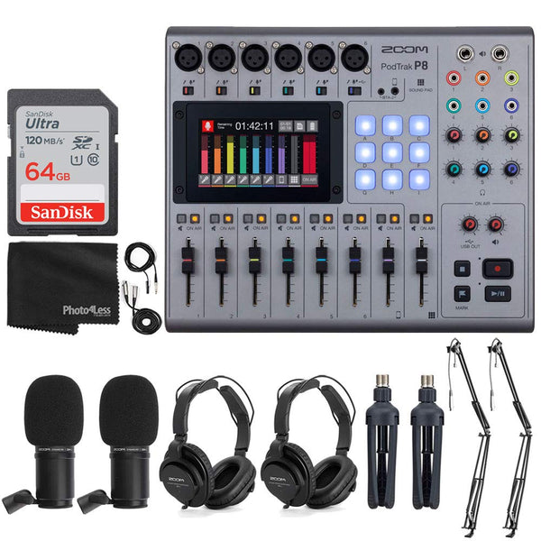 Zoom PodTrak P8 Multitrack Podcast Recorder + 2X Zoom ZDM-1 Podcast Mic + 2X Headphones + 2X Windscreens + 2X Tabletop Stands + 64GB Memory Card + 2X Boom Arms + Cables - Ultimate Podcasting Bundle