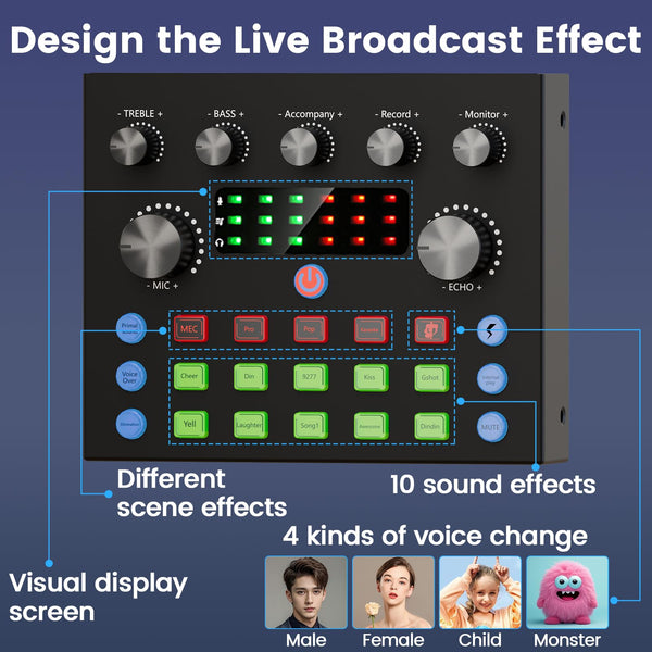 Brvomussy Podcast Equipment Bundle for 2, Audio Interface with Voice Changer Condenser Microphones for Gamer, All-in-One Audio Mixer Perfect for Live Streaming, Singing, YouTube, Gaming