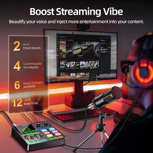 Podcast Equipment Bundle, PUPGSIS Audio Mixer with XLR Dynamic Microphone, Pro-preamp, Bluetooth 5.3, All-in-One Gaming Equipment Set for Podcast Recording, Live Streaming, Video Vocals, PC, Phone, DJ