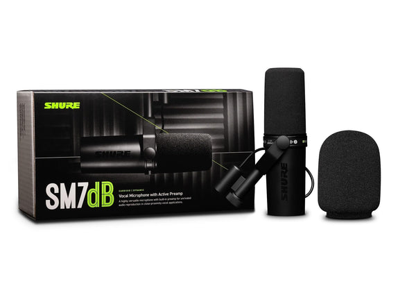 Shure SM7dB Dynamic Vocal Microphone w/Built-in Preamp for Streaming, Podcast, & Recording, Wide-Range Frequency, Warm & Smooth Sound, Rugged Construction, Detachable Windscreen - Black