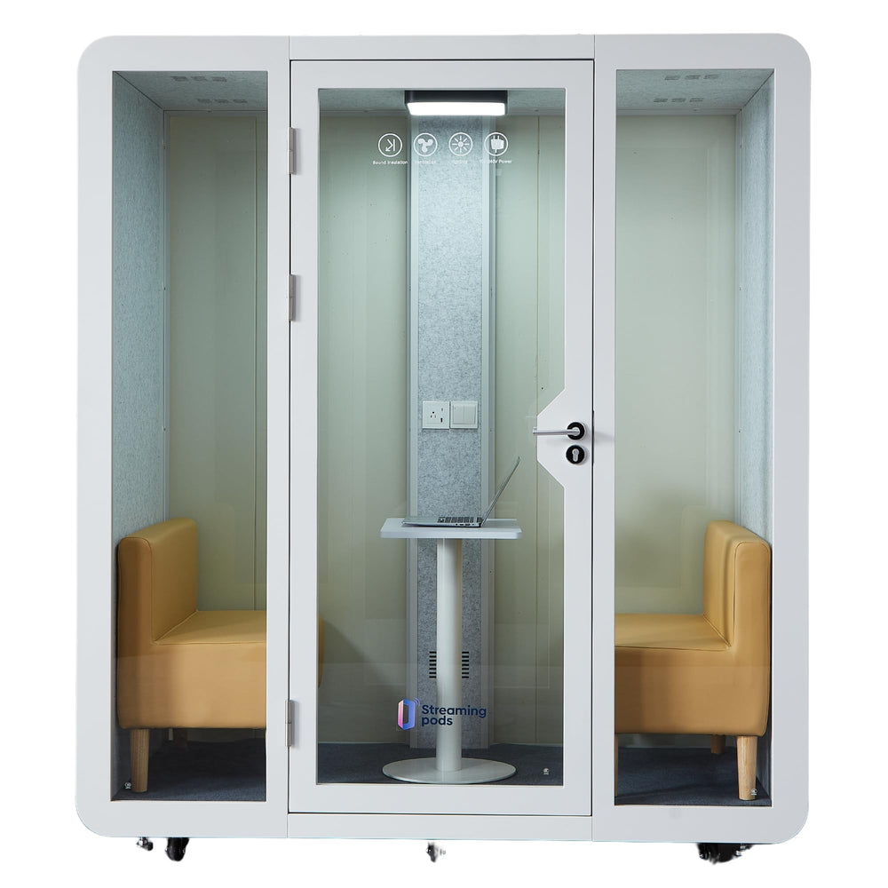 GEARONIC Mobile Office Pod Booth, Standard Sound Proof Office Pod for 2 People, Sound Pod Booth with Mobile Roller, LED Lighting System,Fans and AC USB Ports