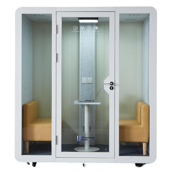 GEARONIC Mobile Office Pod Booth, Standard Sound Proof Office Pod for 2 People, Sound Pod Booth with Mobile Roller, LED Lighting System,Fans and AC USB Ports