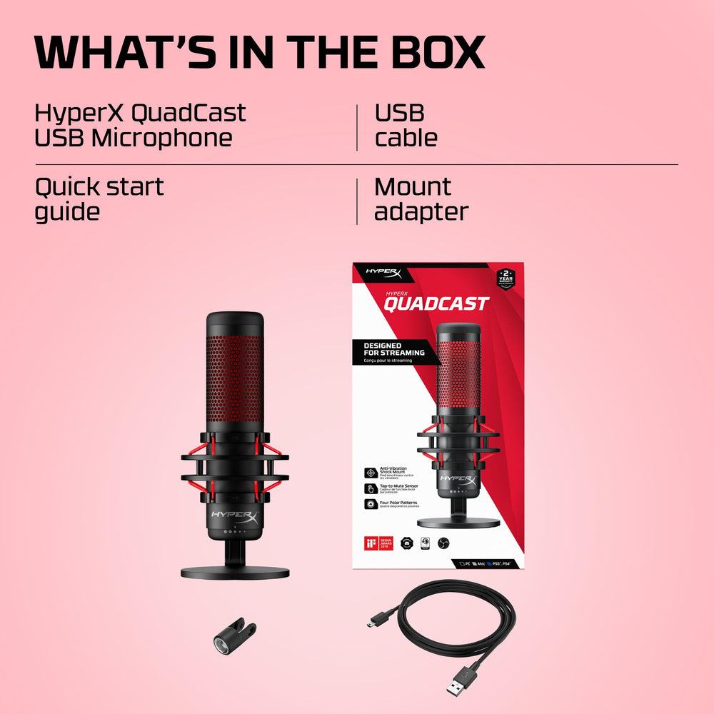 HyperX QuadCast - USB Condenser Gaming Microphone, for PC, PS4, PS5 and Mac, Anti-Vibration Shock Mount, Four Polar Patterns, Pop Filter, Gain Control, Podcasts, Twitch, YouTube, Discord, Red LED