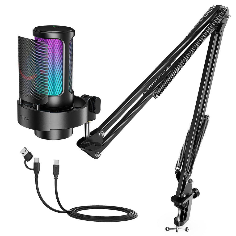 FIFINE USB Gaming Microphone Kit, PC Streaming Mic with RGB Lights, Mute, Gain Knob, Metal Boom Arm for Recording Podcast, Condenser Computer Microphone Set Compatible with PS4/PS5-AmpliGame A8T