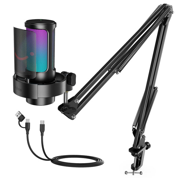 FIFINE USB Gaming Microphone Kit, PC Streaming Mic with RGB Lights, Mute, Gain Knob, Metal Boom Arm for Recording Podcast, Condenser Computer Microphone Set Compatible with PS4/PS5-AmpliGame A8T