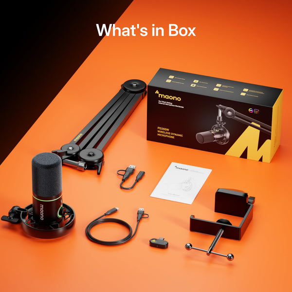 MAONO PD200W Hybrid Wireless Podcast Microphone for PC, XLR USB Dynamic Mic Kit with Boom Arm, Software, Noise Cancellation, for Vocal Recording, Streaming, Content Creation, Home Studio, Voiceover