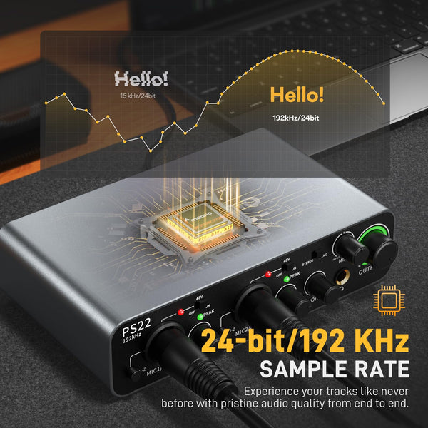 MAONO USB Audio interface for PC with 60 dB Pro-preamp, 24bit/192kHz, Dual USB interface for PC&Smartphone, Routing Software for Home Recording, Music Production, Guitar, Podcast, Streaming(PS22)