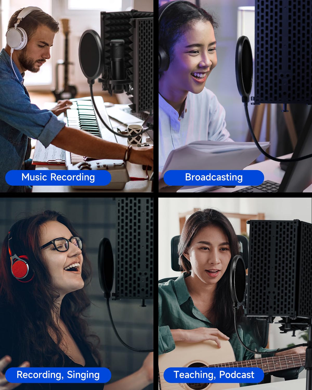 Moukey Microphone Isolation Shield, with Pop Filter& Table Stand, Foldable Mic Shield with Triple Sound Insulation, High Density Mic Sound Shield for Recording Studio, Podcasts, Singing, Broadcasting