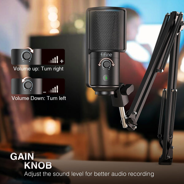 FIFINE USB Podcast Microphone, PC Computer Condenser Microphone Plug & Play Mic Kit with Boom Arm Stand, 16MM Large Diaphragm, Mute Button for Recording Singing Streaming YouTube Gaming-T669PRO1