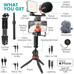 Movo iVlogger-PRO Vlogging Kit with Full Tripod for iPhone/Android - USB-C/Lightning YouTube Starter Kit for Content Creators - Accessories: Phone Tripod, Phone Mount, RGB Light and VXR10 Shotgun Mic