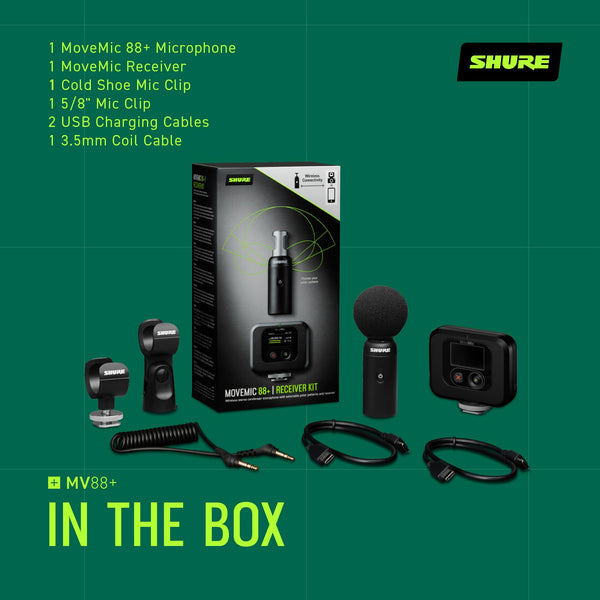 Shure MoveMic 88+ Wireless Microphone Video Kit - Pro Audio Recorder for Film/Field Recording Interviews, Stereo Mic 4 Polar Patterns | Compatible with iOS/Android via Motiv App (MV88+W-KIT-Z7)