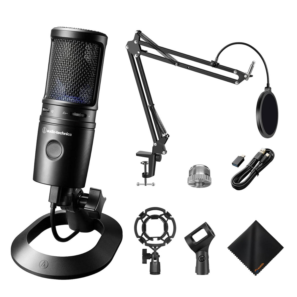 Audio-Technica AT2020USB-X Cardioid Condenser USB Microphone (Black) | for Streaming, Podcasting, Gaming & Video Recording with Waith Mic Boom Arm and Waith Cleaning Cloth Essential Bundle Set
