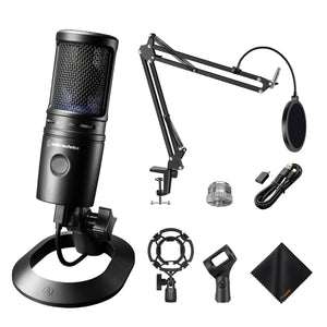 Audio-Technica AT2020USB-X Cardioid Condenser USB Microphone (Black) | for Streaming, Podcasting, Gaming & Video Recording with Waith Mic Boom Arm and Waith Cleaning Cloth Essential Bundle Set