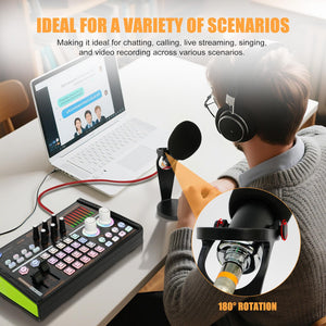POWERFUEL Podcast Equipment Bundle DJ18 Live Sound Card with 4 Voice Changer, BM-800 Mircophone & Fill Light Recording Studio Kit for PC/Smartphone Podcasting, Gaming, Singing, Streaming