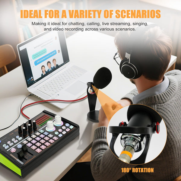 POWERFUEL Podcast Equipment Bundle DJ18 Live Sound Card with 4 Voice Changer, BM-800 Mircophone & Fill Light Recording Studio Kit for PC/Smartphone Podcasting, Gaming, Singing, Streaming