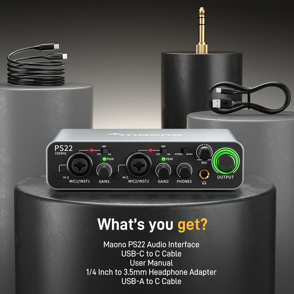 MAONO USB Audio interface for PC with 60 dB Pro-preamp, 24bit/192kHz, Dual USB interface for PC&Smartphone, Routing Software for Home Recording, Music Production, Guitar, Podcast, Streaming(PS22)