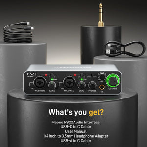 MAONO USB Audio interface for PC with 60 dB Pro-preamp, 24bit/192kHz, Dual USB interface for PC&Smartphone, Routing Software for Home Recording, Music Production, Guitar, Podcast, Streaming(PS22)