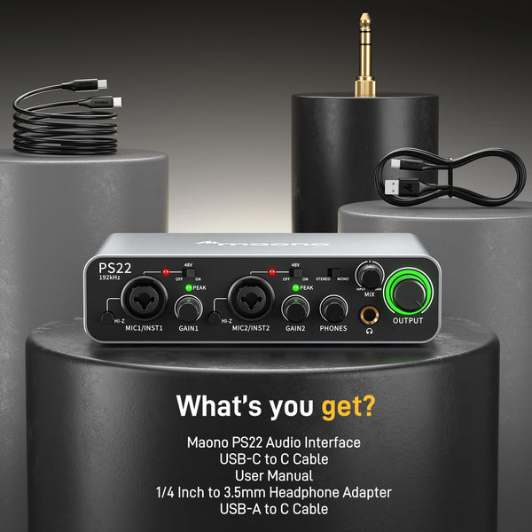 MAONO USB Audio interface for PC with 60 dB Pro-preamp, 24bit/192kHz, Dual USB interface for PC&Smartphone, Routing Software for Home Recording, Music Production, Guitar, Podcast, Streaming(PS22)