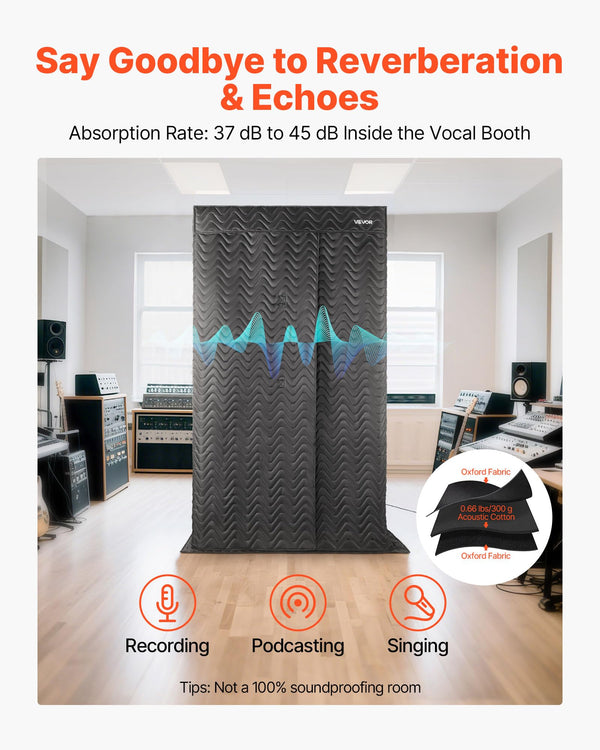 VEVOR Portable Vocal Booth, 6.56 ft Height, Pro-Grade Recording Studio with Travel Bag, Mobile Tablet Stand, Thickened Soundproofing, Sound Isolation Booth for Echo-Free Vocals, Podcasts, Voiceovers