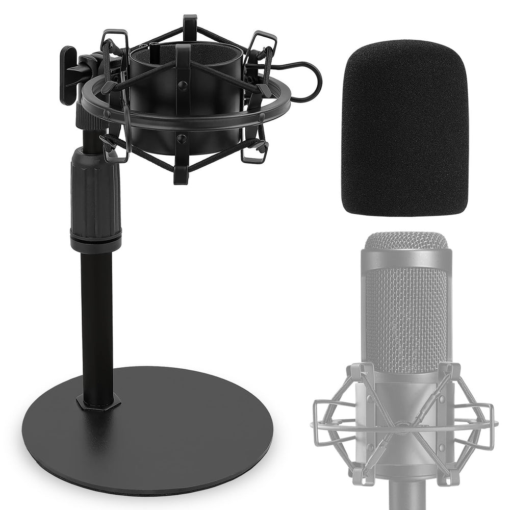 Frgyee Upgraded AT2020 Desktop Mic Stand, Adjustable Table Microphone Stand with Shock Mount and Foam Windscreen for Audio Technica AT2020 AT2020USB+ AT2035 ATR2500 Condenser Mic