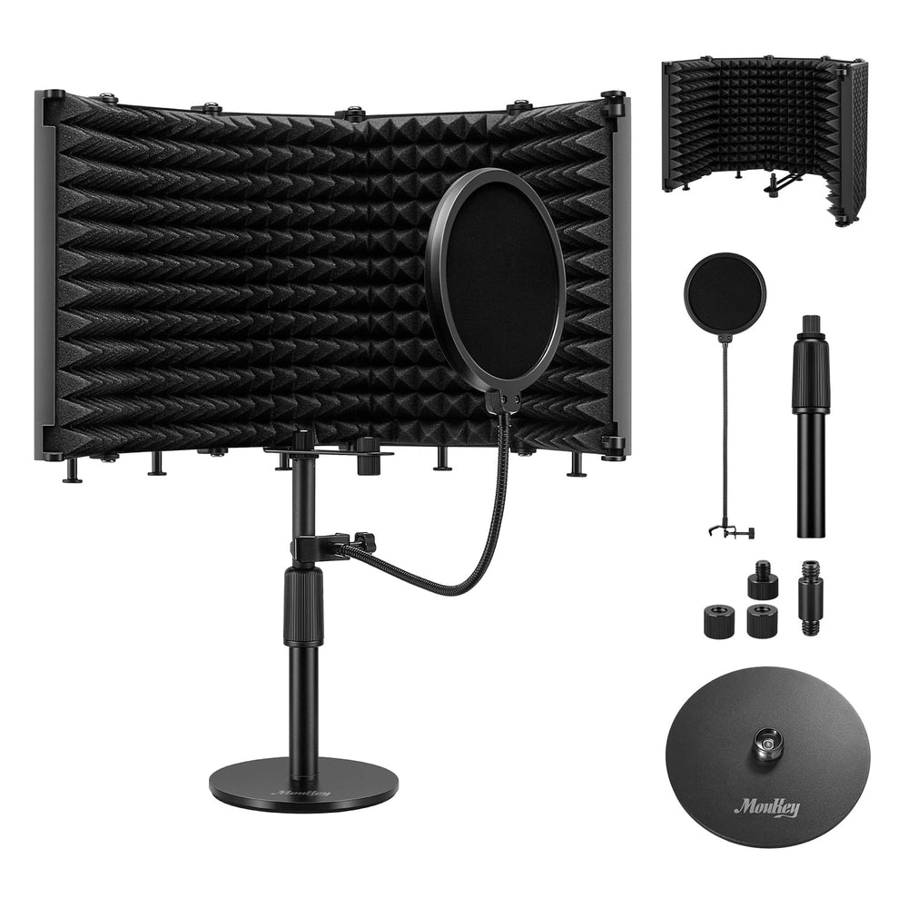 Moukey Microphone Isolation Shield, with Pop Filter& Table Stand, Foldable Mic Shield with Triple Sound Insulation, High Density Mic Sound Shield for Recording Studio, Podcasts, Singing, Broadcasting