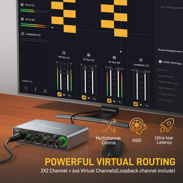 MAONO USB Audio interface for PC with 60 dB Pro-preamp, 24bit/192kHz, Dual USB interface for PC&Smartphone, Routing Software for Home Recording, Music Production, Guitar, Podcast, Streaming(PS22)