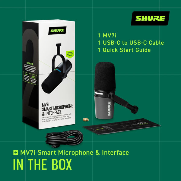 Shure MV7i Smart Microphone with Built-in Audio Interface - Podcast & Musician Mic with 2 Channels, XLR and 1/4", USB-C for Mac/PC/Phone, Advanced DSP Features, All-Metal Design, Auto Level Mode