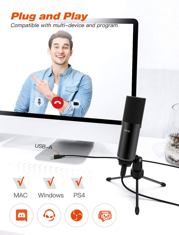 FIFINE USB Microphone Set with Flexible Boom Arm Stand Pop Filter, Plug and Play with PC Desktop Laptop Computer, Streaming Podcast Instrument Mic Kit for Home Studio (T732)