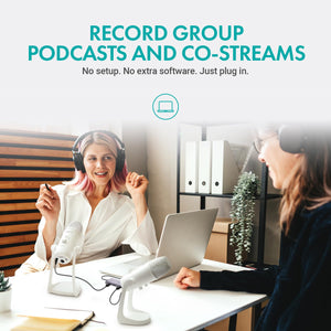 Movo USB Podcast Equipment Bundle for 2 – USB Interface with 2 UM700 Condenser Microphones – 4-Port Powered Hub for Streaming, Podcasting, Interviews (White)