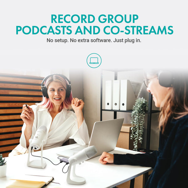 Movo USB Podcast Equipment Bundle for 2 – USB Interface with 2 UM700 Condenser Microphones – 4-Port Powered Hub for Streaming, Podcasting, Interviews (White)