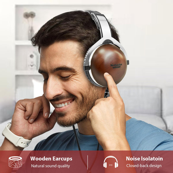 Y YO-TRONICS Over Ear Pine Wood Headphones, Hi-Res Audio with 50mm Dynamic Driver, Closed-Back, 3.5mm Wired Jack, DAC, Luxurious Silver Velour Earpads for Audiophiles, Podcasts, Home Audio Systems