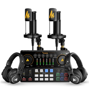MAONO Podcast Equipment Bundle for 2: Audio Interface Mixer with 2 XLR Condenser Mic and 2 Headphone Podcast Streaming MaonoCaster E2 Gen2+2*PM320T+2*MH700