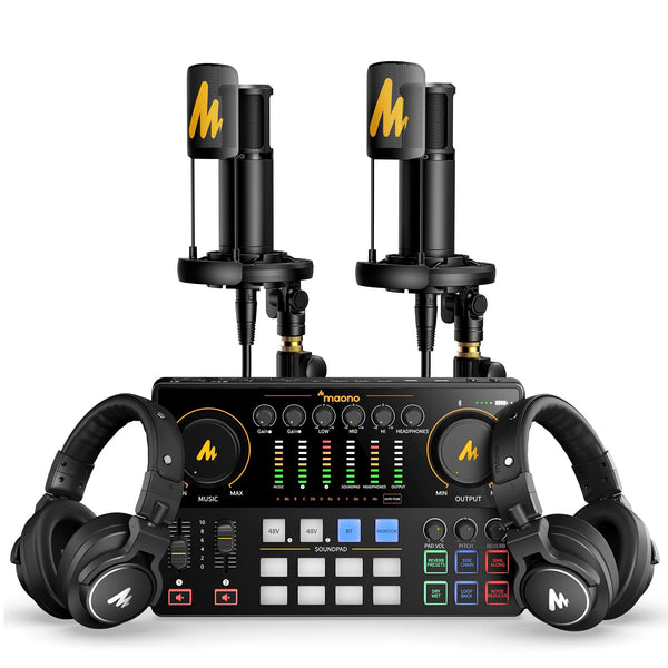 MAONO Podcast Equipment Bundle for 2: Audio Interface Mixer with 2 XLR Condenser Mic and 2 Headphone Podcast Streaming MaonoCaster E2 Gen2+2*PM320T+2*MH700