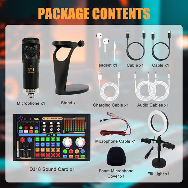 POWERFUEL Podcast Equipment Bundle DJ18 Live Sound Card with 4 Voice Changer, BM-800 Mircophone & Fill Light Recording Studio Kit for PC/Smartphone Podcasting, Gaming, Singing, Streaming
