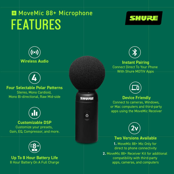 Shure MoveMic 88+ Wireless Microphone Video Kit - Pro Audio Recorder for Film/Field Recording Interviews, Stereo Mic 4 Polar Patterns | Compatible with iOS/Android via Motiv App (MV88+W-KIT-Z7)