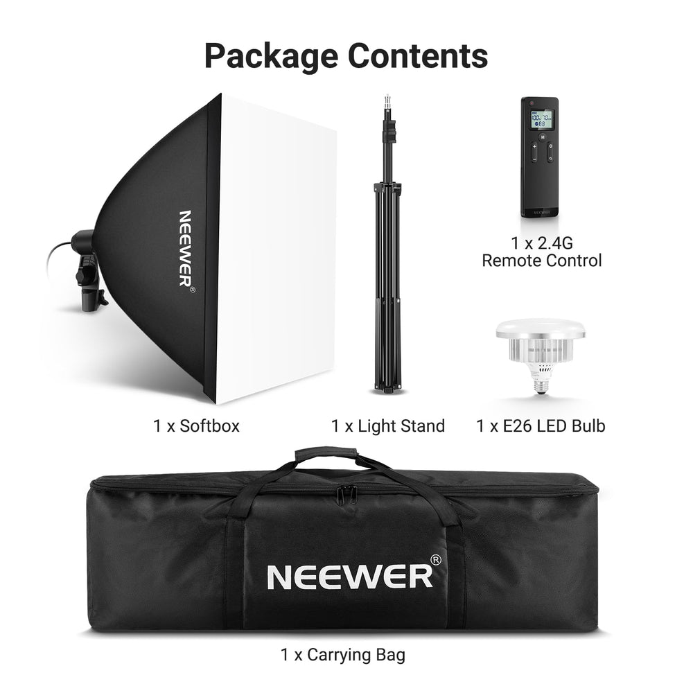 NEEWER 24"x24" Softbox Lighting Kit with Tripod Stand, 45W Bi Color 2.4G LED Bulb, 66' Remote Control 10 Channels 2900K-7000K 1400lx/1m CRI95 Studio Photography Video Recording Continuous Light, NK104