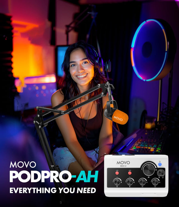 Movo Portable Podcast Equipment Bundle for iPhone/Android Phones- Podcast Kit with Audio Interface, 2 CastMic Dynamic Mics, 2 Headphones, 2 Boom Arms - for Smartphones, Computers, PC and Mac